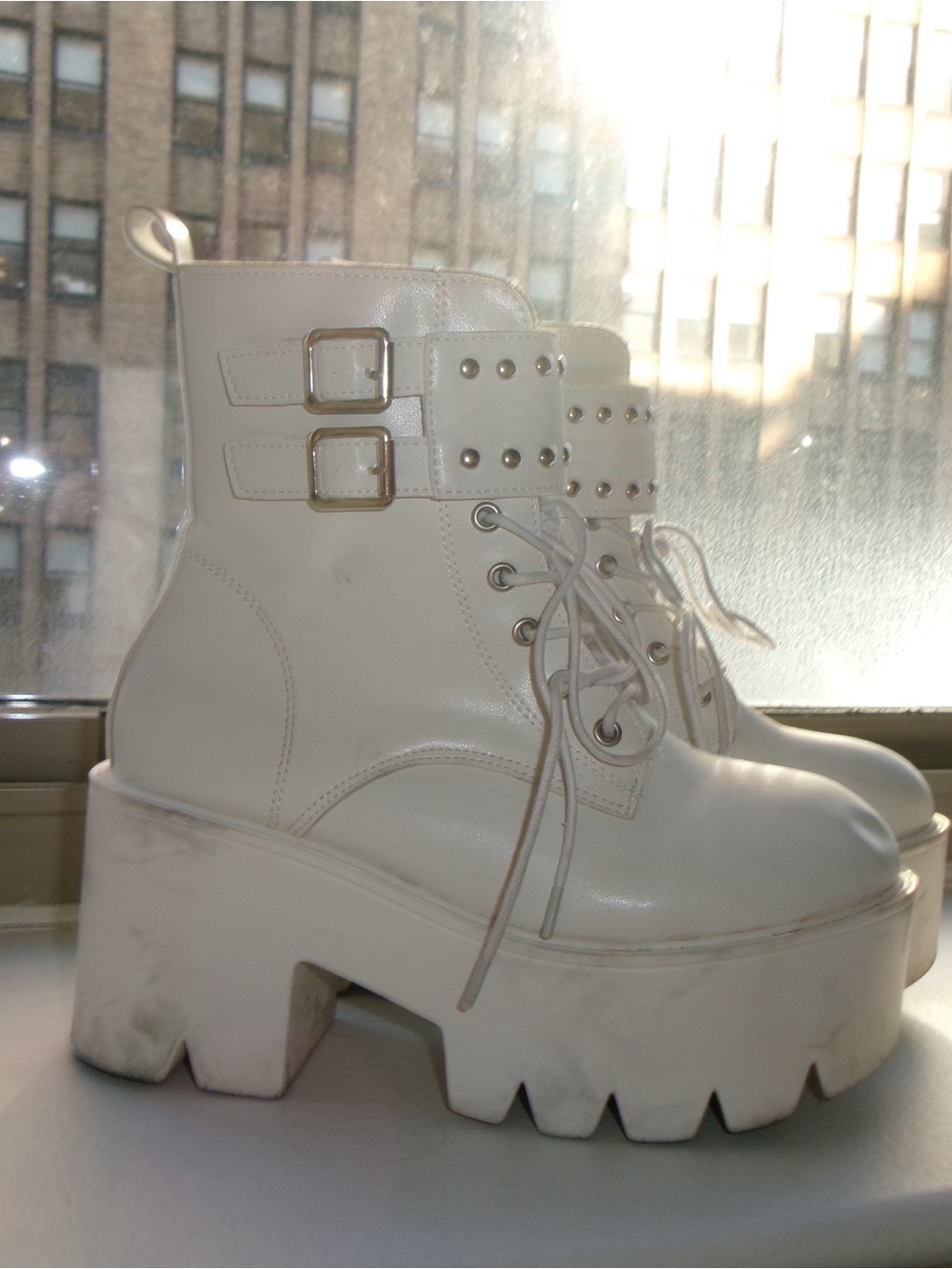 White Platform Lace-Up Ankle Boots with Buckle Detail - Picture 2 of 6